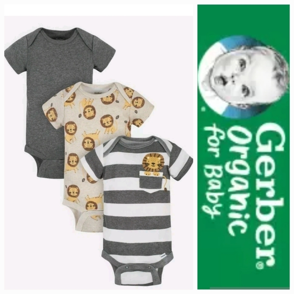 NWT Gerber Organic 3 Pc Baby Lion Bodysuit Set ~preemie